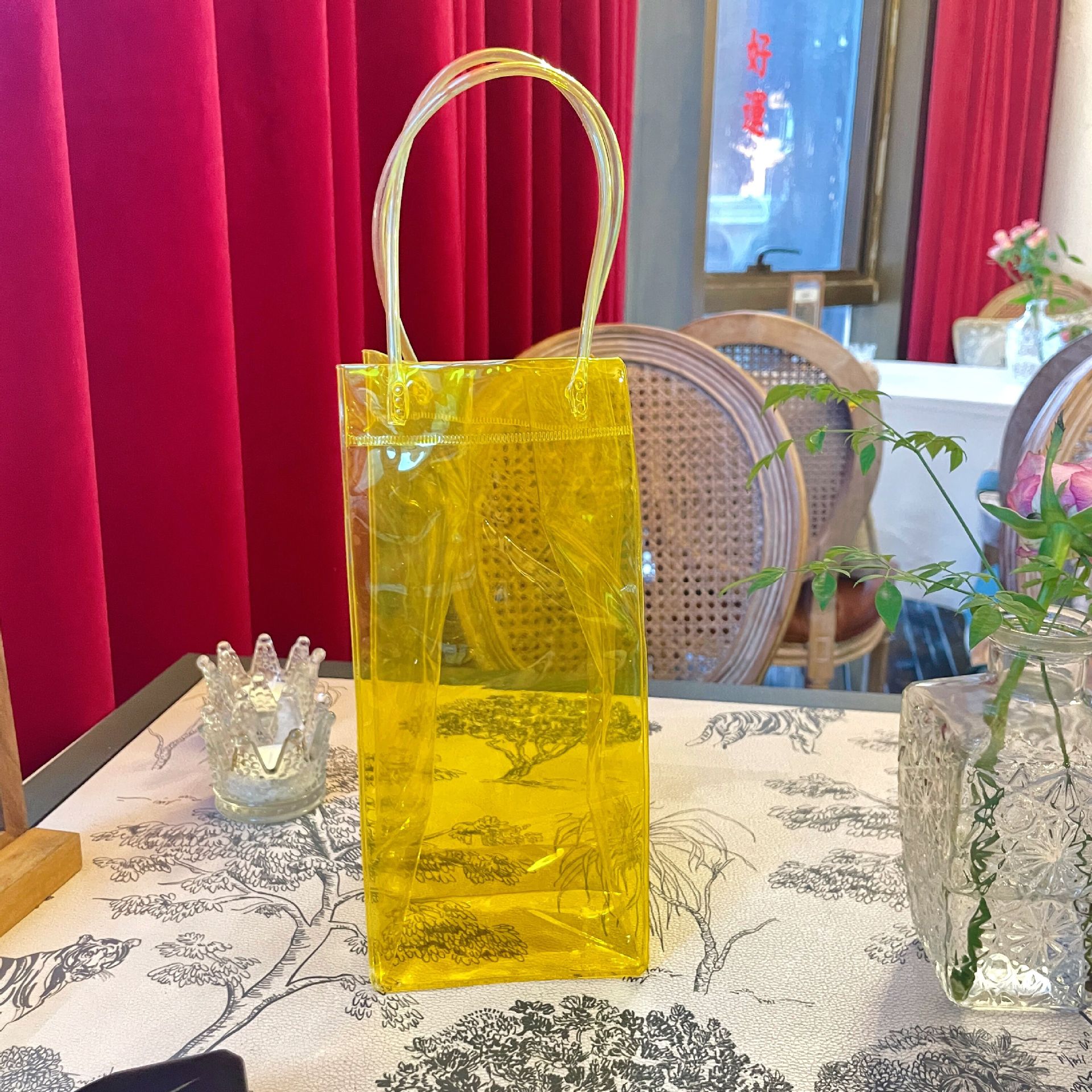 3 Stück Wein kühler zusammen klappbarer klarer PVC-Beutel Wein kühltasche mit Griff Eis Wein beutel für Champagner Bahre Getränke: Rosa