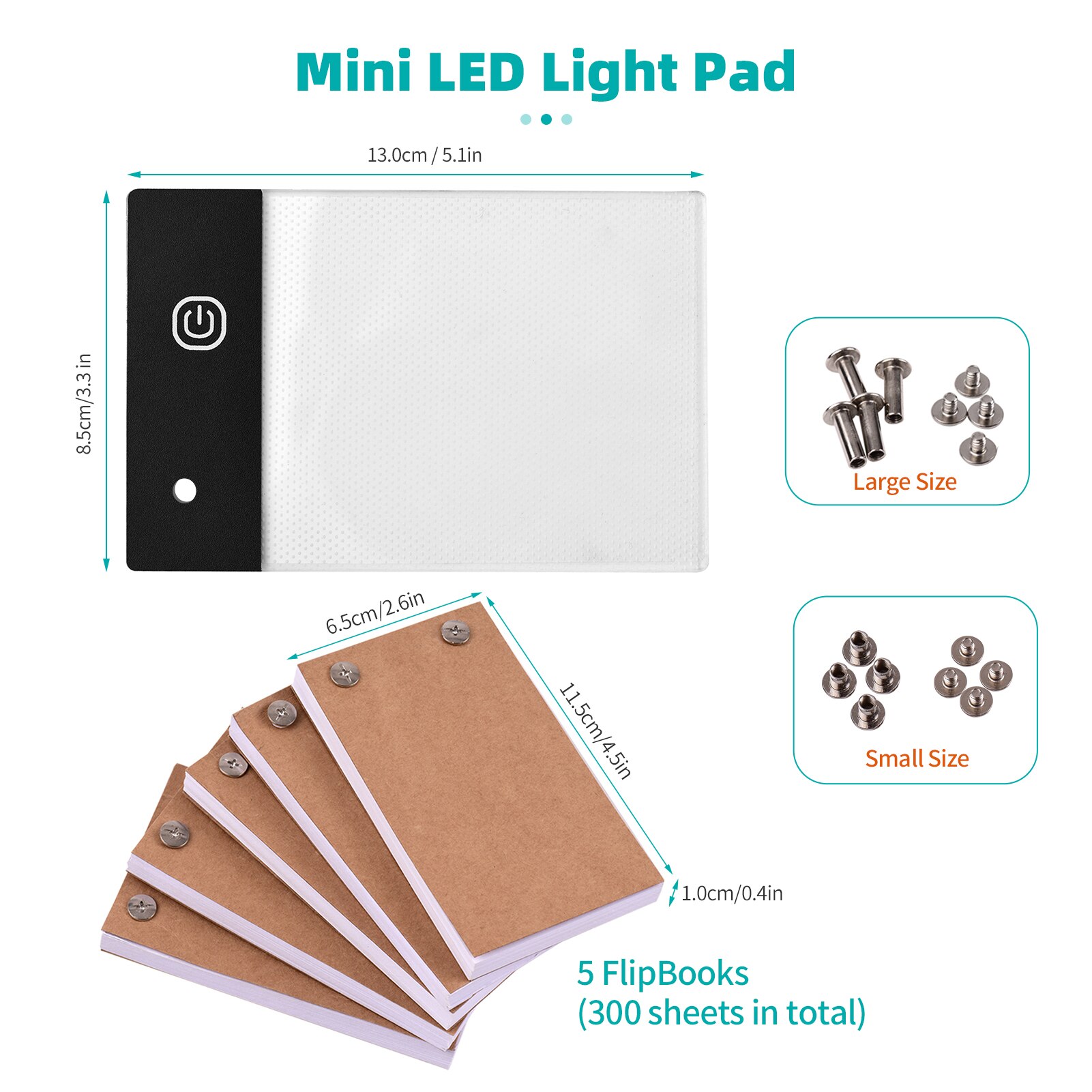 Flip Book Kit with Mini LED Light Pad Hole 3 Level Brightness Control Light Box 300 Sheets Animation Paper Flipbook