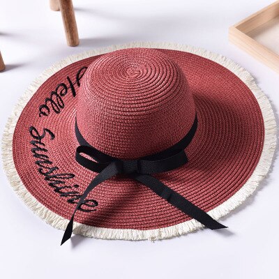 Håndlavet vævning brev sol hatte til kvinder sort bånd snøre op store randen stråhat udendørs strand hat sommer hætter chapeu feminino: 8