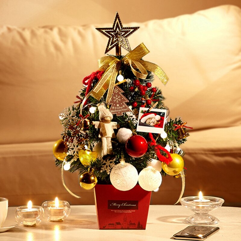 Mini Christmas Tree Desktop With Lights 50Cm Golden Red Christmas Tree Set