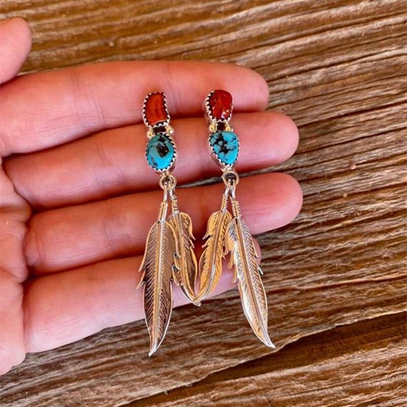 Bohemia Turquoises Earrings Silver Feather Pendant Earrings for Women Female Party Earring Jewelry Accessories