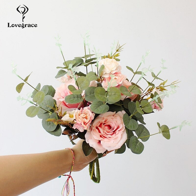 Bruidsboeket voor bruidsmeisjes bruidsbloemen bruidsboeketten zijden rozen kunstbloemen bruidsboeket rozen pioenroos wit: Roze