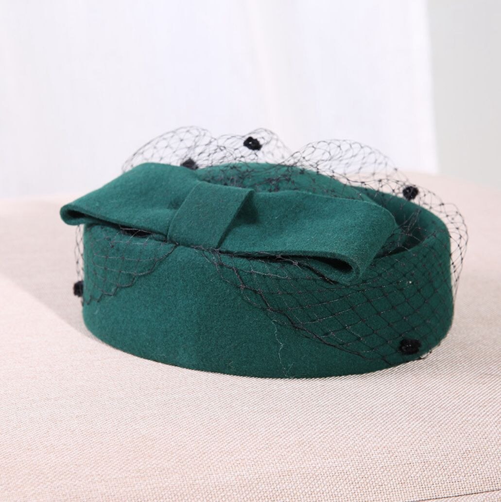 Bride Wedding Chic Veil Fascinator Hat Cocktail Wedding Party Church Headpiece kentucky Headwear 100% Wool Felt Beret Cap: dark green