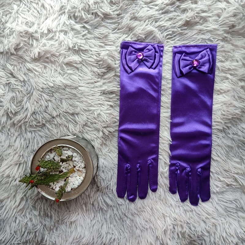 Guantes largos de baile de princesa para niños, vestido de novia de satén para niñas, accesorios de disfraz con lazo, de cumpleaños y Navidad: Morado oscuro