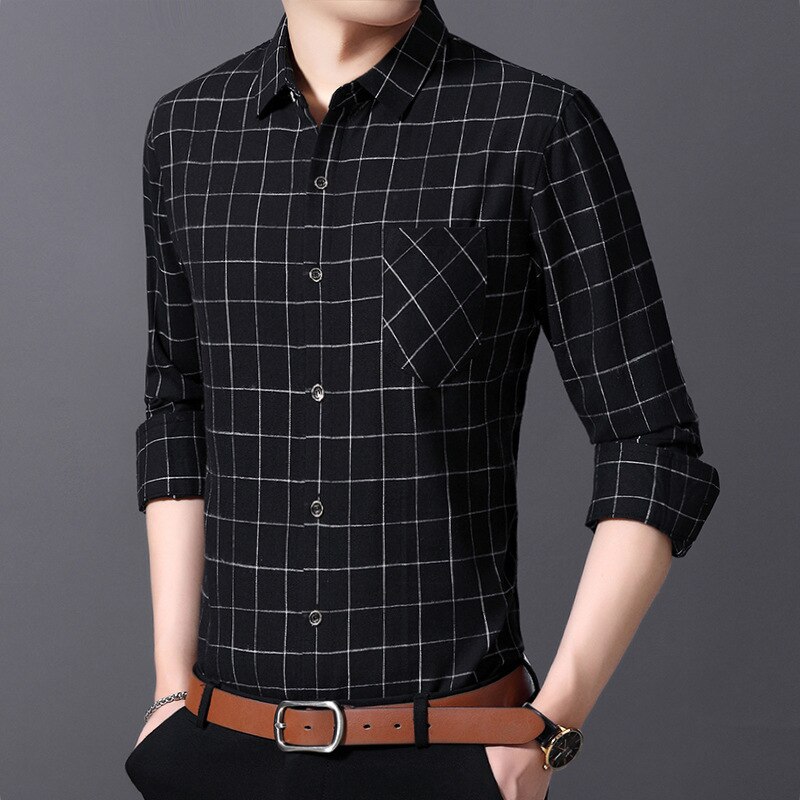 Jbersee Spring Autumn Men Dress Shirt Long Sleeve Black Shirt Korean Clothes Slim Fit Plaid Casual Shirts Mens Clothing