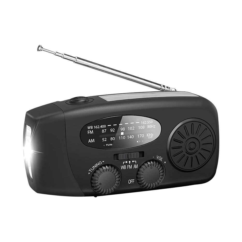 Multifunctional Hand Radio Solar Crank Dynamo Powered AM/FM/NOAA Weather Radio With Emergency LED Flashlight and Power Bank: Black