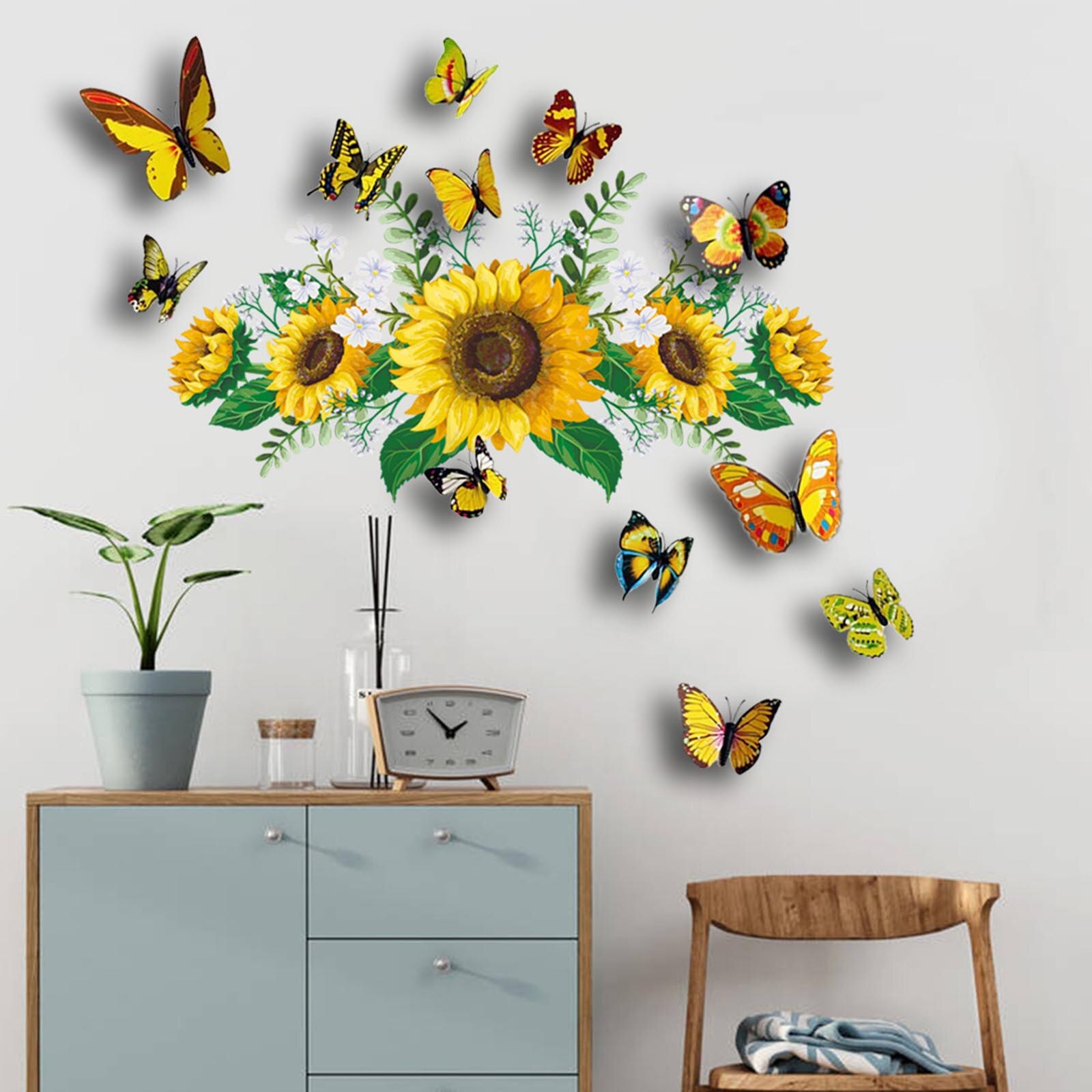 Zonnebloem Muurstickers Met 3D Vlinder Muursticker Vlinder Muurstickers Stickers Наклейки На Стену