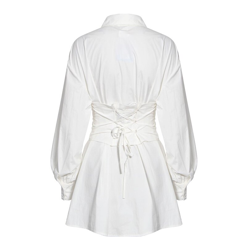 [EAM] Women White Big Size Bandage Pleated Shirt Dress Lapel Long Sleeve Loose Fit Tide Spring Summer 1T922