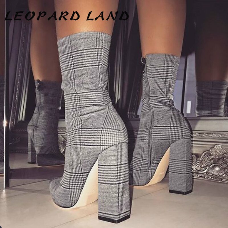 LEOPARD LAND-Botas de tacón alto para mujer, botines puntiagudos a cuadros, gruesos, de invierno, ZL-FD259-1,