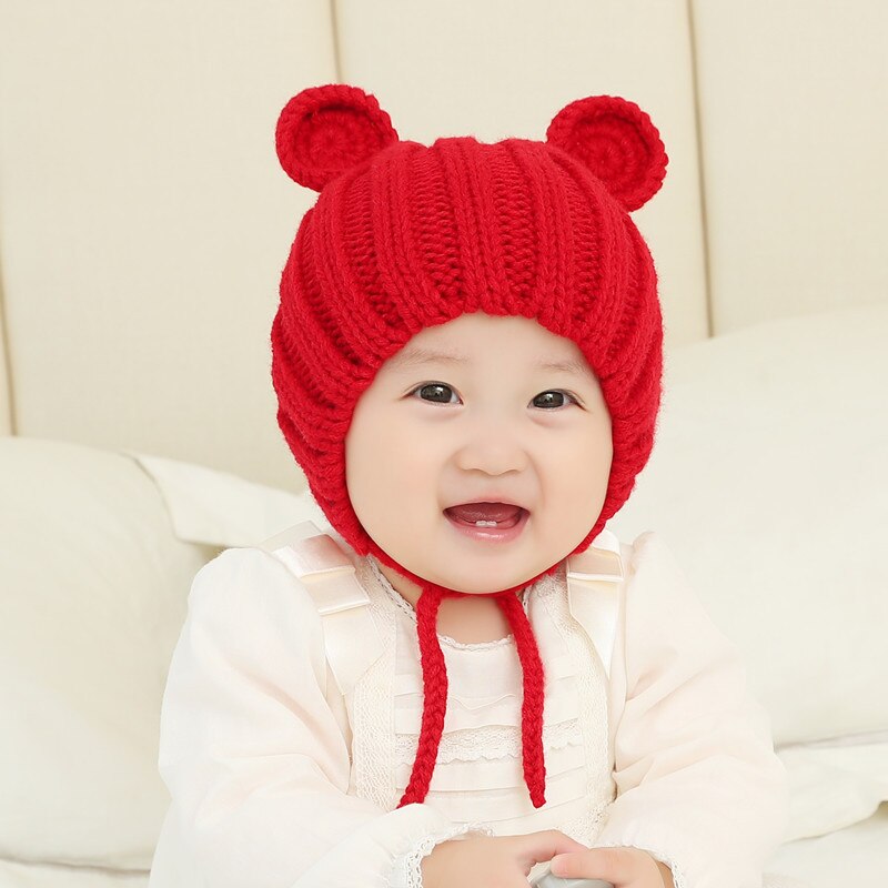 Gorro de punto con orejas para bebé, gorro con cordones de dibujos animados, para niños de 0 a 2 años, 6 colores