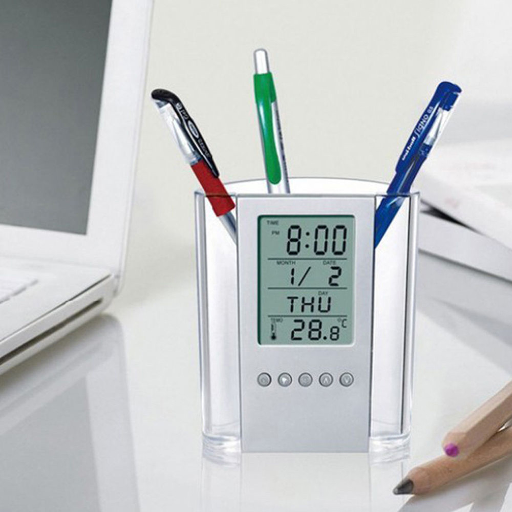 LCD Pen Holder desk organizer Alarm Clock Thermometer Calendar Pencil Pot Students Stationery Storagepen holder Ball Pens