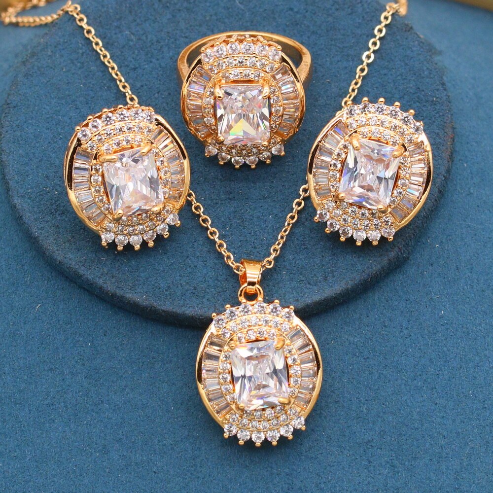 Luxe Wit Zirconia Gouden Kleur Sieraden Sets Voor Vrouwen Bruiloft Armband Stud Oorbellen Ketting Ring Box: 3PCS / 7
