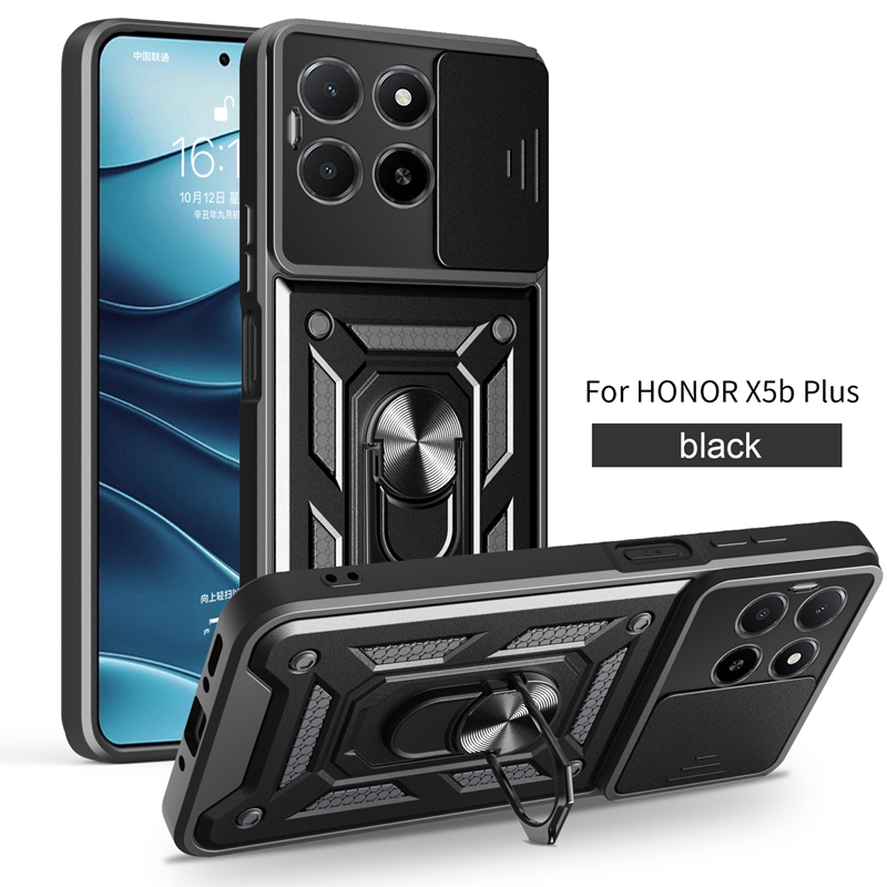 Para Honor X5b Plus 4G funda a prueba de golpes armadura soporte magnético anillo cubierta de teléfono Honor X5b / X5b Plus Fundas de protección de cámara: Madera / Negro