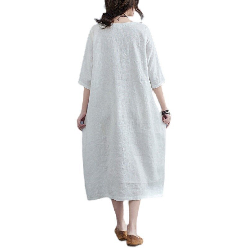 Abito tradizionale cinese donna lino in cotone sottile retrò manica corta ricamo floreale abiti lunghi abiti larghi codolo Cheongsam