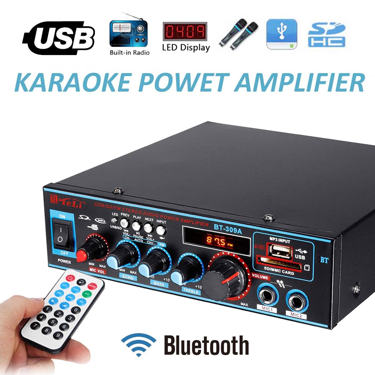 12V/220V HIFI Audio Stereo Power Amplifier bluetooth FM Radio Car Home Karaoke