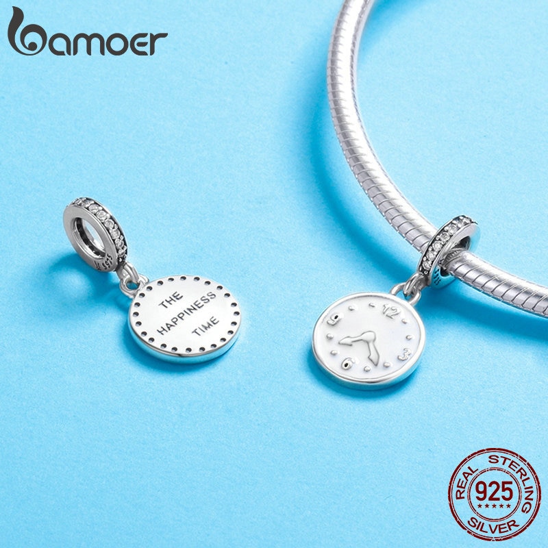 BAMOER 100% Genuine 925 Sterling Silver Clock Happy Time Engrave Pendant Charm fit Women Bracelet Sterling Silver Jewelry SCC657