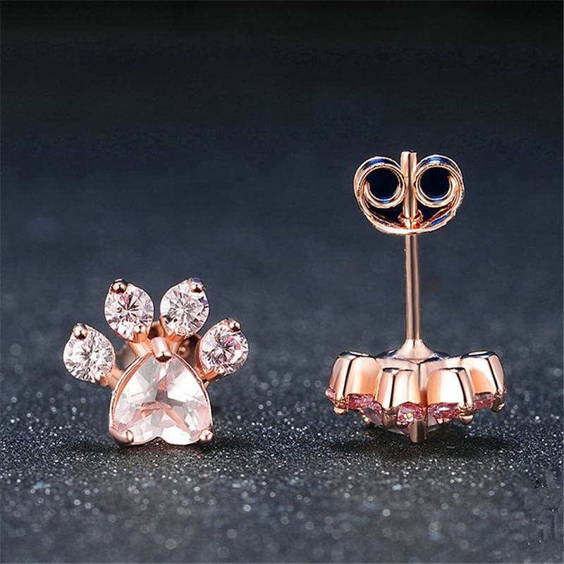 Neue Glänzende Rosa Stud Ohrringe CZ Katze Bär Hund Pfote Schmuck Für Frauen Rose Gold Kleine Tier Footprint Schöne ohrringe