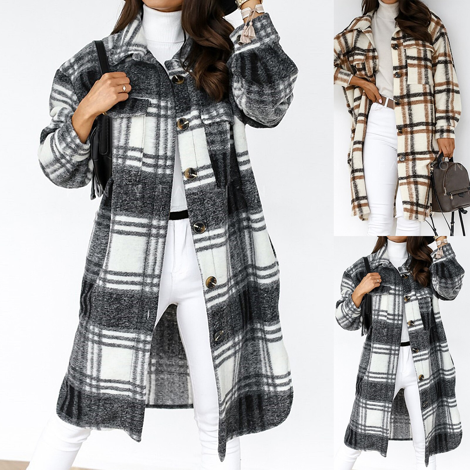 Abrigos de botones a cuadros para mujer, chaqueta con solapas de manga larga hasta la rodilla, ropa de otoño e invierno