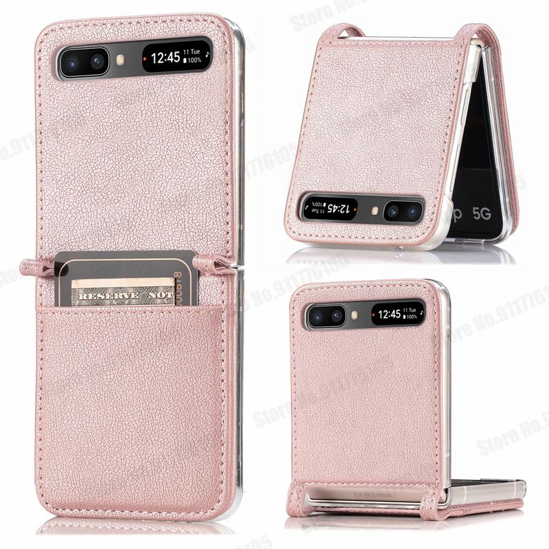 Slot para cartão de couro caso de telefone para samsung z flip 5g duro pc capa protetora para galaxy z flip 5g SM-F707B ultra fino caso do telefone: Rose Gold