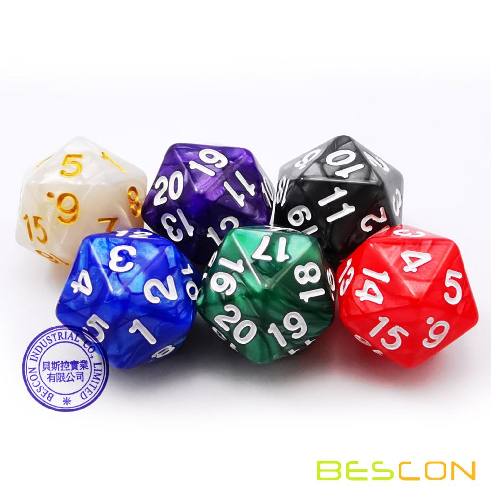 Bescon D20 Spindown Dobbelstenen 22 MM, Diverse Marmer Kleuren 6 stuks Set