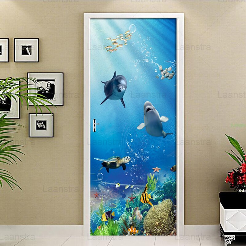 Removable Door Stickers Underwater World Marine Fish Mural Living Room Bedroom Door Decor Wallpaper DIY Self Adhesive Wall Decal