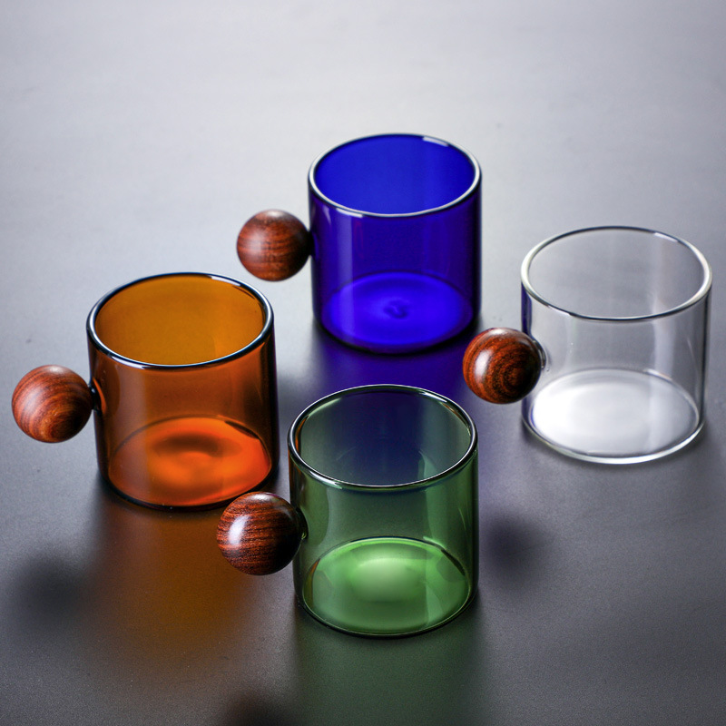 120ml Stained Glass Coffee Cup Water Cup Glass Tea Cup Milk Cup Round Ball Wooden Handle