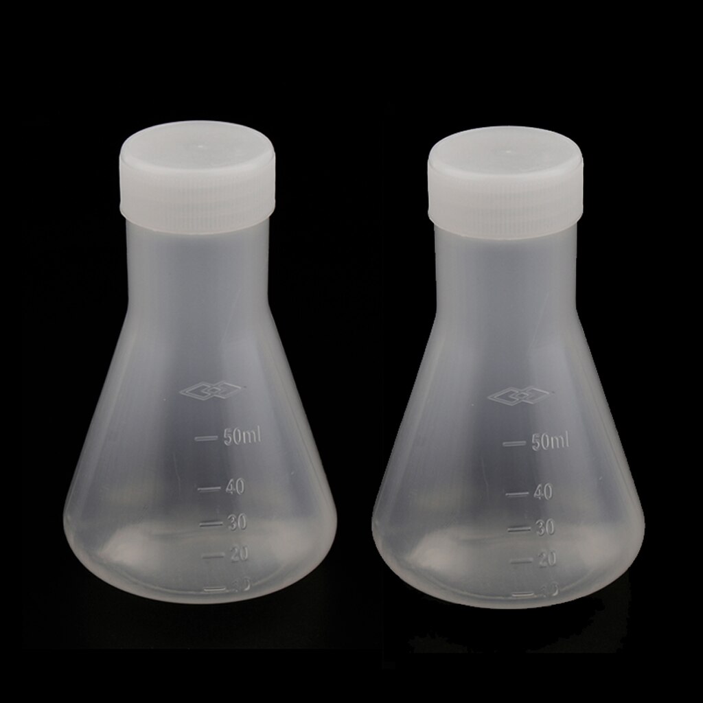 2 piezas 50ml Lab graduado matraz Erlenmeyer de plástico cónico con tapa, medición, pared engrosada lisa