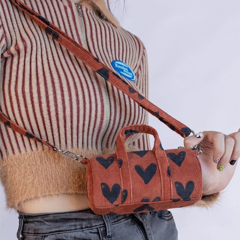 MBTI Kawaii Mini borsa a tracolla donna moda velluto a coste Bolso Mujer cuore stampa borse per ragazze Vintage Casual secchio cerniera Sac Femme