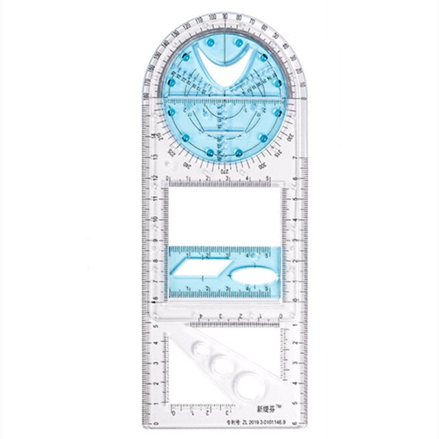 Multifunctional Drawing Ruler Geometric Angle Circle Maker Drawing Template Measuring Ruler School Office Architecture Supplies:  blue-Junior School