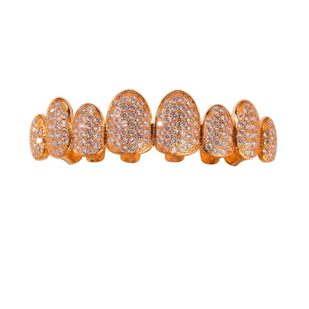 Uwin Zirconia Grills Set Zilver Kleur Tanden Grills Hiphop Halloween Iced Out Top &amp; Bottom Dental Grills Body Sieraden: gold top
