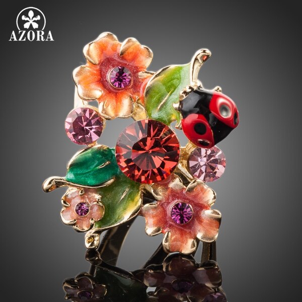 AZORA Gold Color Stellux Austrian Crystal Multicolour Insects and Flower Ring TR0087