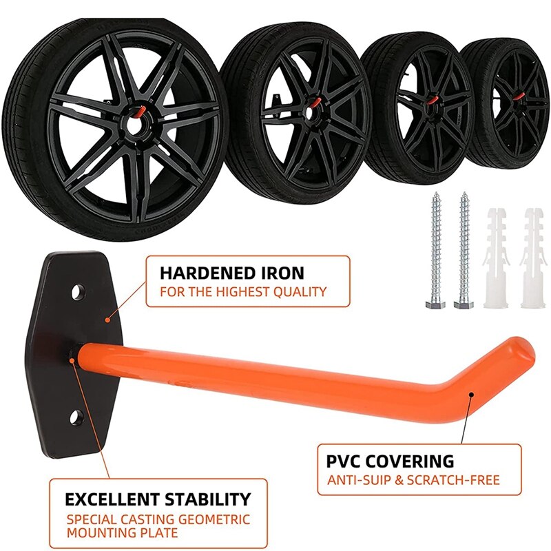 4 PCS Garage Hooks Heavy Duty Wall Mount,Tire Storage System with Anti-Slip Coating,Hang Heavy Tools for Bikes,Tools