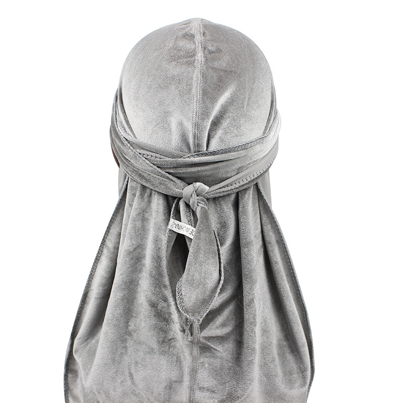 Durag – Bandana respirant en velours pour hommes et femmes, couvre-chef à longue queue, solide, bandeau de basket-ball de rue, Hip hop,: gray