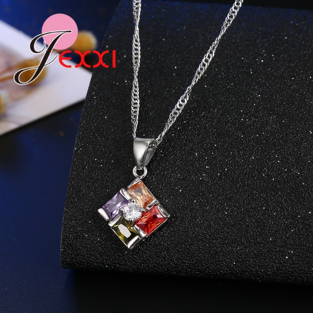 Gorgeous Rainbow CZ Pendente Charm Original 925 Sterling Silver Wedding Jewelry Sets Women Pendant Necklace Hoop Earrings