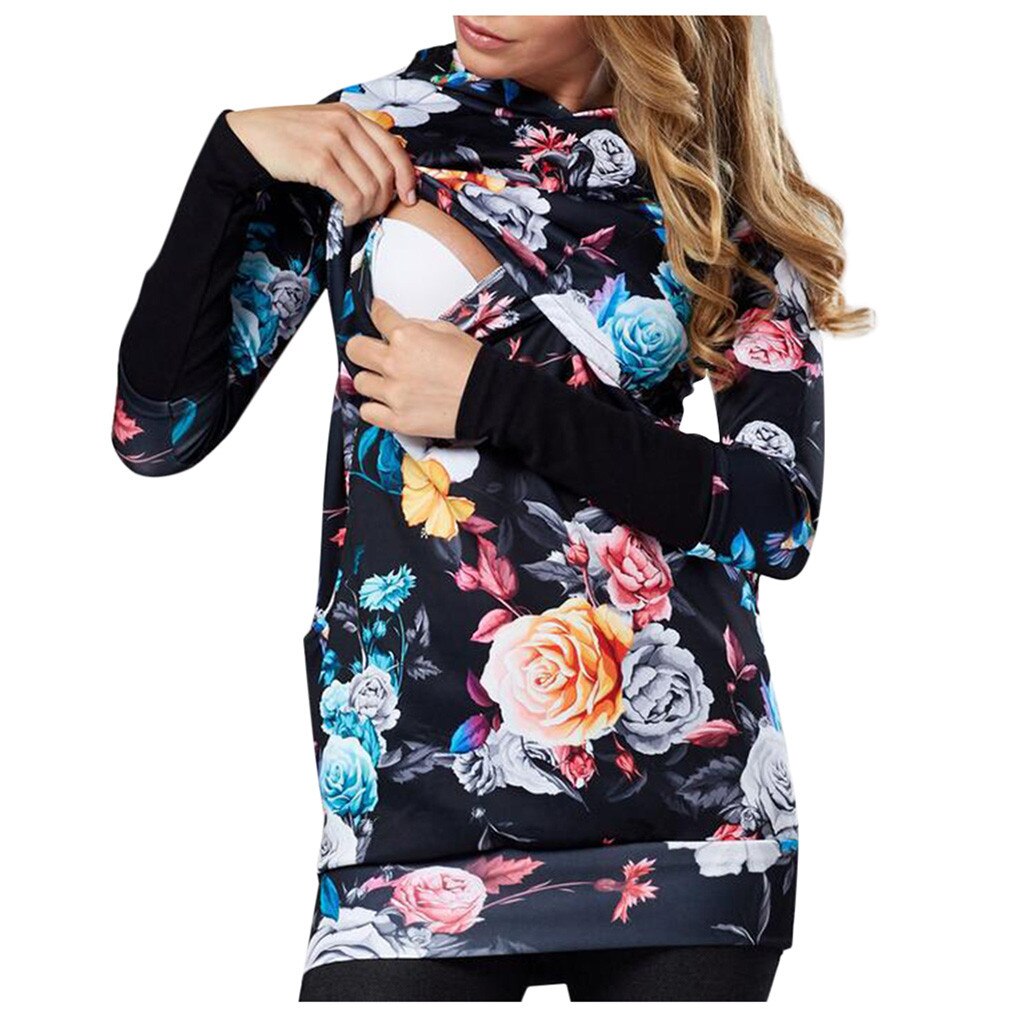 Maternity Autumn Hoodies Women Breastfeeding Floral Print Sweatershirt Nursing Long Sleeve Tops Ropa Para Embarazada Suit S-XL