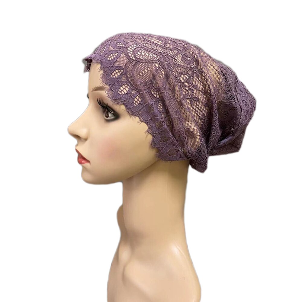 Gorro de tubo de cobertura completa para mujer, gorro interior musulmán con flores de encaje, pañuelo para la cabeza, sombrero islámico árabe, gorrito indio, turbante: 11 Purple Gray