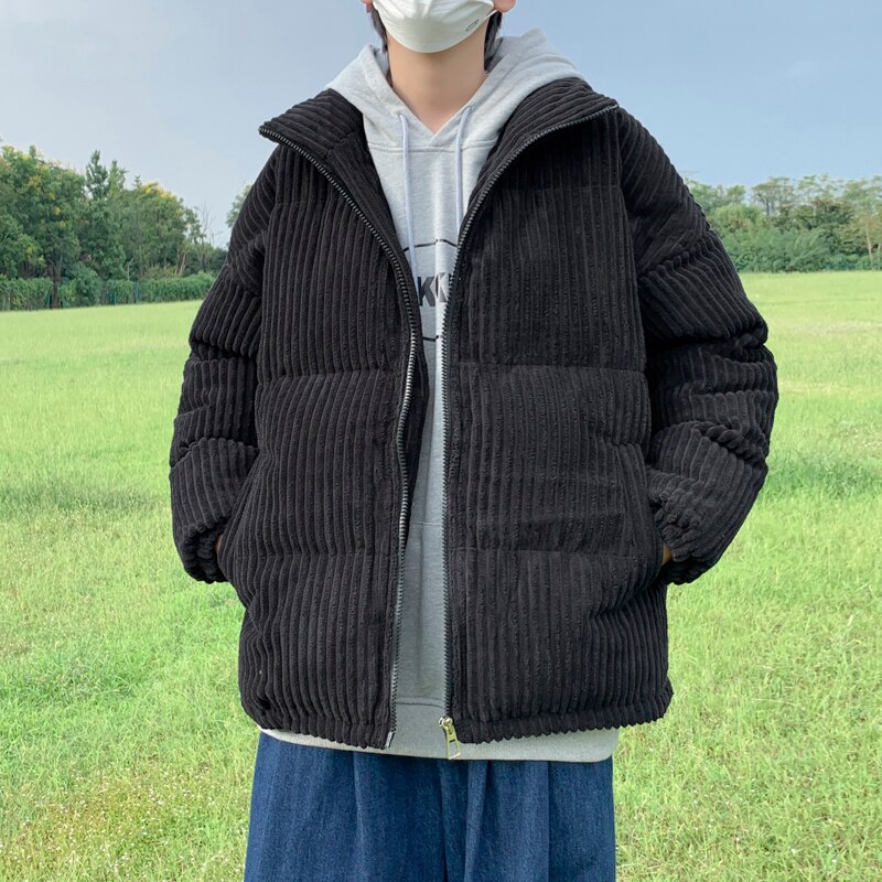 Giacca da uomo e da donna calda colletto in velluto a coste amanti del pane inverno Joker imbottito in cotone coppia sciolta addensare vestiti cappotto caldo in lana: L / Black