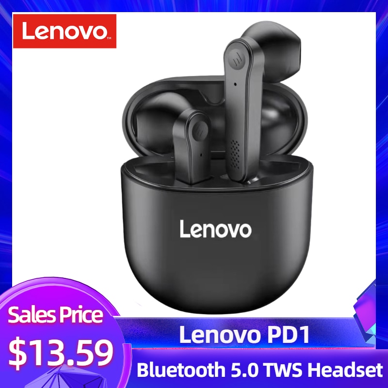 Lenovo PD1 Bluetooth 5.0 Earphones TWS Wireless Headphone Touch Control Semi-in-Ear Earbuds Stereo Bass Music Headset with Mic