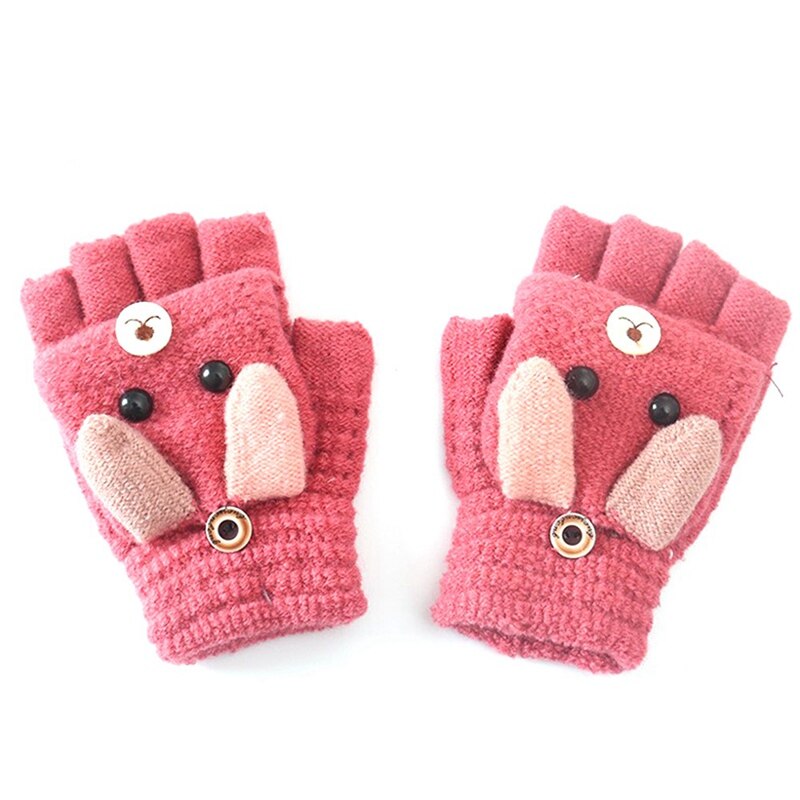 Winter Warm Childrens Gloves Student Kids Cashmere Knitted Flip Half Finger Gloves Girl Boy Cute Cartoon Puppy Crochet Mitten: RH