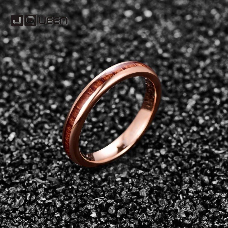 Bonlavie 4mm herenring van wolfraamstaal en hardmetaal, hawaiiaanse koa-houten inleg, gepolijste afwerking, comfortabele pasvorm, roségouden ring, herensieraden