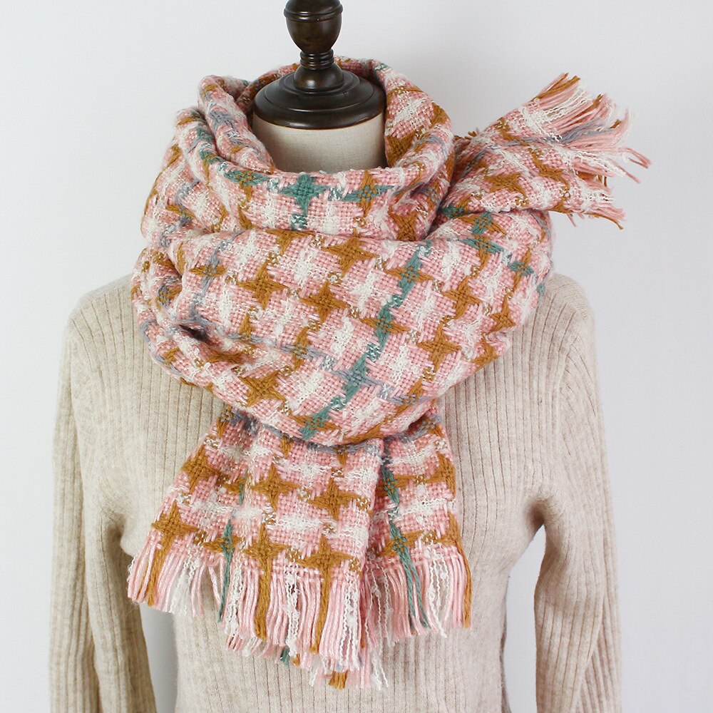 Rainbow Winter Plaid Scarf Women Thick Warm Shawls Wraps Lady Scarves Tassels Pashmina Blanket Houndstooth Foulard Red