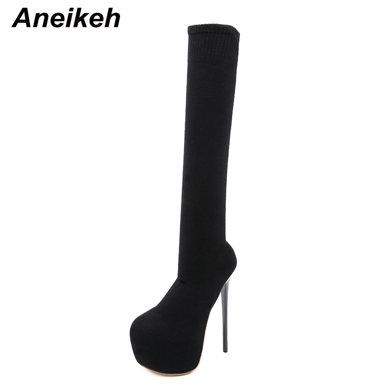 Aneikeh Stretch Fabric Over-the-Knee Boots Shoes Woman 17 CM Thin High Heels Chelsea Riding, Equestrian Nightclub Botas: 38