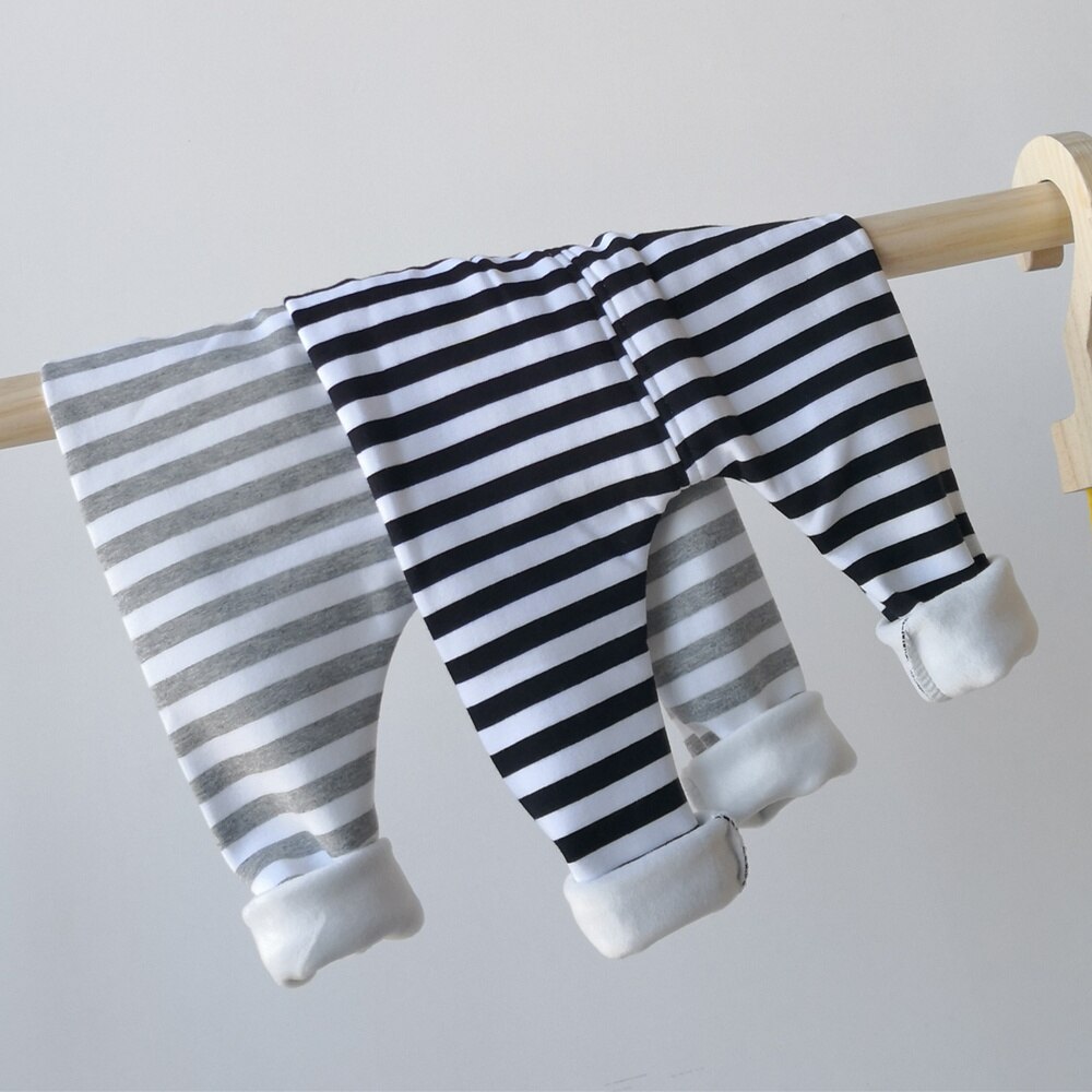 Baby Boys Girls Autumn Winter Fleece Pants Cotton Striped Long Leggings Toddler Pull-on Pant Baby Open PP Trousers Clothing