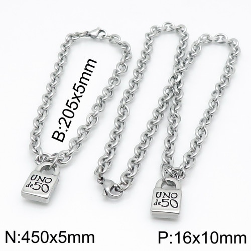 femmes hommes couleur argent or acier inoxydable serrure ronde clé Uno 50 boule perle Bracelet collier ensembles de bijoux