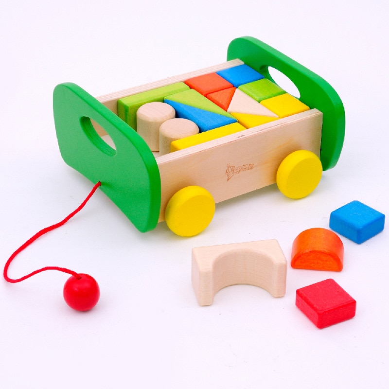 Children's DIY Wooden Color Solid Wood Blocks 1-3-6 - Year - Old Young Kids Drag Car Toys for Children