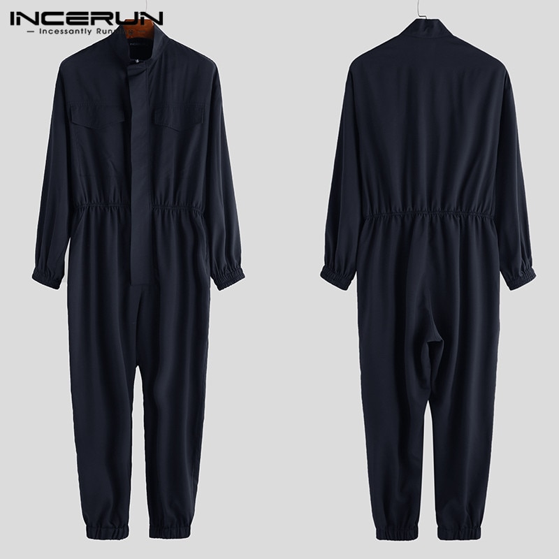 Incerun snygga herrbyxor jumpsuit långärmade joggingbyxor streetwear solida dragkedjor hip-hop fritidsbyxor cargo overaller herr