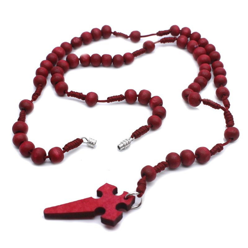 Jezus Houten Gebed Kralen 6mm Rozenkrans Kruis Ketting Hanger Geweven Touw Ketting Sieraden Accessoires