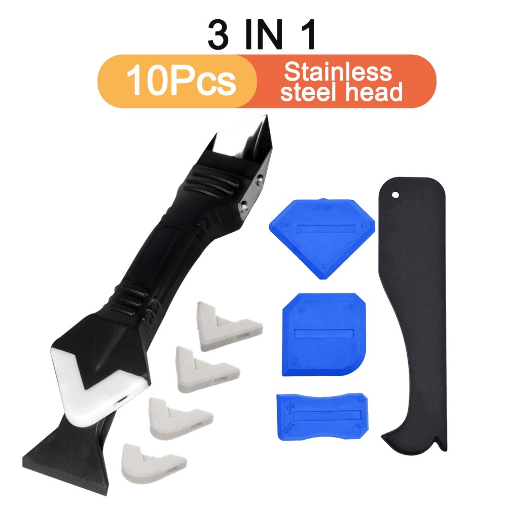 3 In 1 Silicone Sealant Remover Tool Scraper Caulk Mould Smooth Peel Finisher Scraper Grout Removal Useful Hand Tool Kit Set: 10Pcs Stainless Head