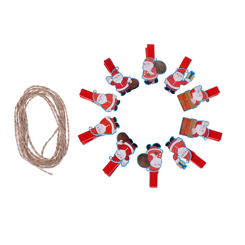 10Pcs/set Red Christmas Santa Claus Wood Clips Mini Wooden Clothes Photo Paper Peg Pin Clothespin Craft Clips With Rope