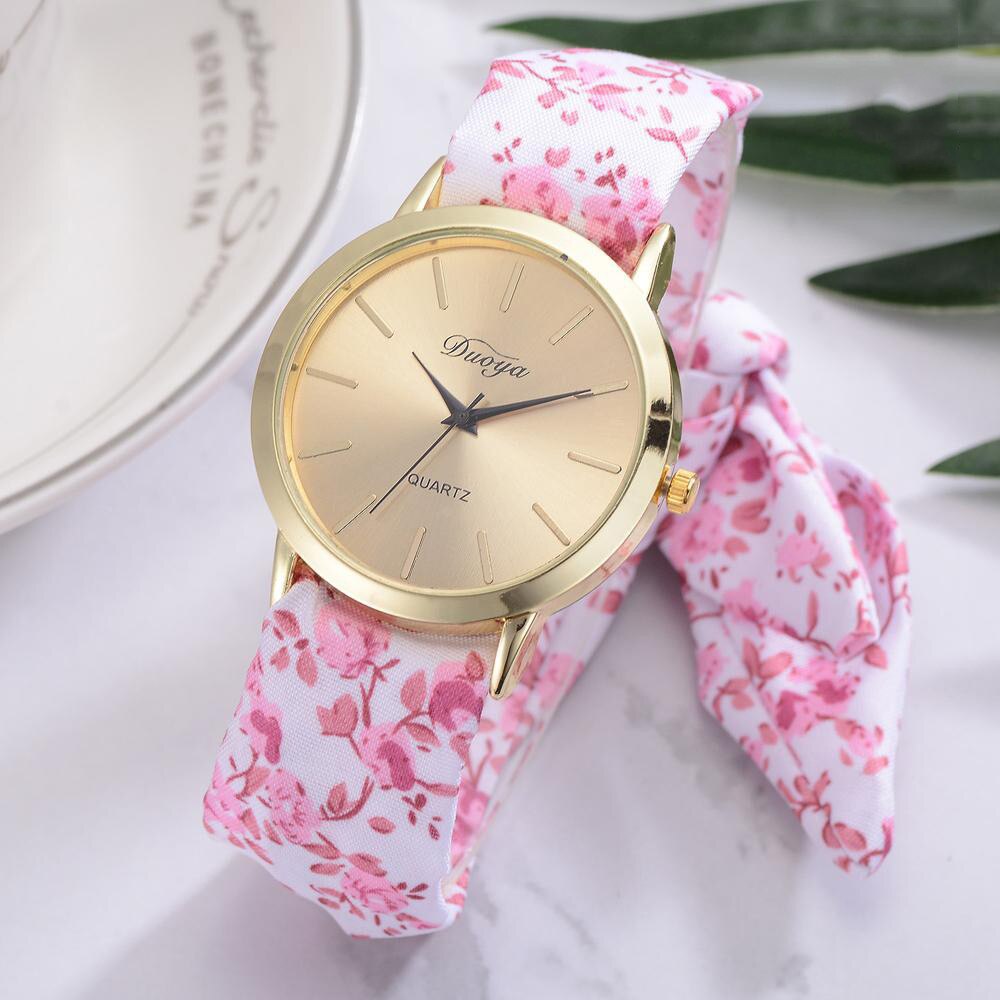 Women Watches Ribbon Floral Cloth Quartz Girl Dial Wristwatch Bracelet Bow Tie Relogio Feminino Zegarek Damski: Hot Pink